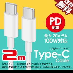 USB充電ケーブル 2m Type-C to Type-C PD対応 急速 充電 MAX 5A 20V 100W スマホ タブレット ノートPC Power Delivery ネコポス 送料無料
