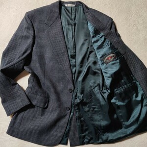 美品 XL~XXL アクアスキュータム チェック柄 Aquascutum テーラードジャケット 映える裏地 ウール 灰 紺 メンズ 大きいサイズ 高級 春 希少