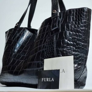 美品 フルラ FURLA トートバッグ クロコ 本革 レザー ブラック 黒 ビジネスバッグ ブリーフケース メンズ 大容量 仕事 A4可 肩掛け可 高級