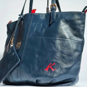 美品 キタムラ トートバッグ 本革 レザー KITAMURA 紺 赤 ビジネスバッグ ブリーフケース メンズ 大容量 仕事 A4可 肩掛け可 希少 高級 鞄
