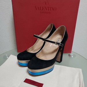 VALENTINO ヴァレンチノ レザー ヒール パンプス 35 約22.5㎝ スエード ブラック イタリア製 高級靴 完売モデル 　