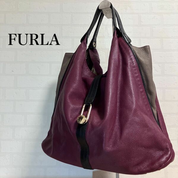 FURLA フルラ エリザベス レザー トートバッグ ハンドバッグ ボルドー×ベージュ 金具 