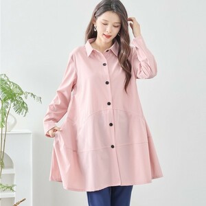 新品☆ピンク M〜L フレア ロングシャツ チュニック レディース ポケット付 長袖 きれいめ オシャレ 春 50代