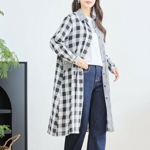 新品☆L〜LL コットンガーゼ チェック柄 ロングシャツ レディース 長袖 チュニック 大きいサイズ 春 50代 60代 /ブラック