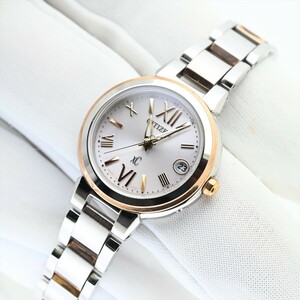 美品 CITIZEN/XC●ソーラー電波時計 デイト 時刻正確 H058-T016553 薄ピンク コンビカラー レディース 腕時計 純正ベルト クロスシー