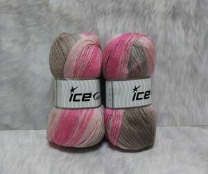 輸入　毛糸　Ice Yarns　アンゴラバティーク　アンゴラ20％　ウール20％　100g×2個セット　ピンク＆グレー　トルコ　海外　①