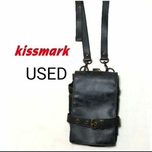 中古　kissmark　ミニ ショルダーバッグ　黒系　ポーチ　ダメージ加工デザイン　キスマーク　USED　送料無料