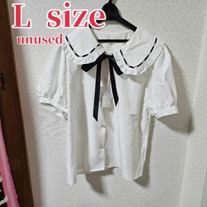 unused white×black ribbon blouse large