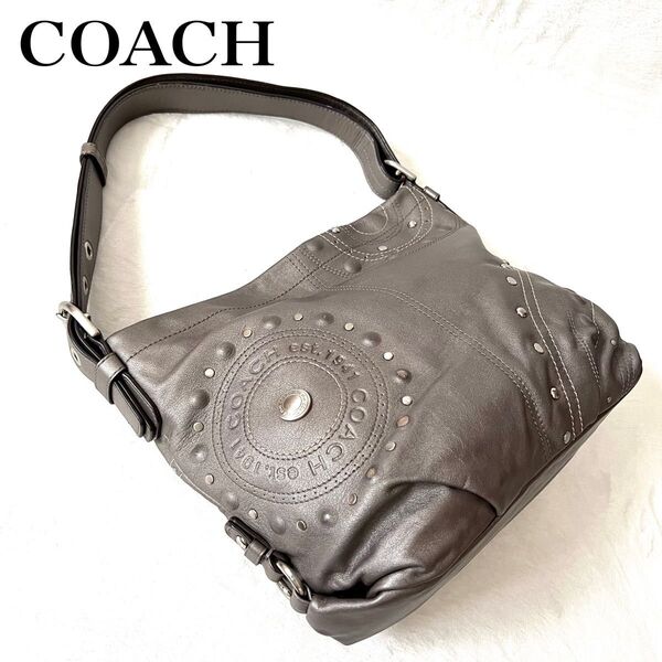 COACHコーチショルダーバッグ メタリックグレー レザー スタッズ