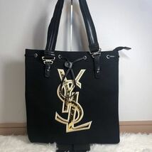 1円【新品未使用】イヴサンローラン YVES SAINT LAURENT カハラ レディース トートバッグ A4 キャンバス レザー 黒 ブラック ゴールド _画像2