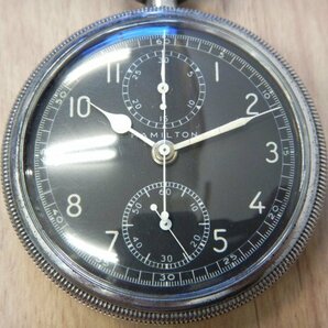 6115 希少売切り☆ HAMILTON pocket watch 50.8㎜ 108.5g 19石 懐中時計 黒文字盤 クロノグラフ スモセコ 手巻き アンティーク ハミルトンの画像2