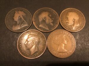 ★レア★ イギリス 古銭 1900年代の英国王・女王コレクション　1ペニーコイン×全５時代