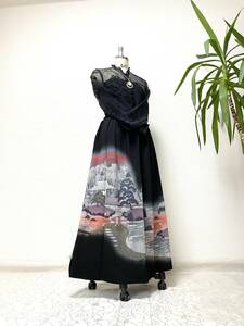  kurotomesode kimono remake waist rubber long skirt [ Super Long height ] free size free shipping hand made kurotomesode kimono remake long skirt NO.1355