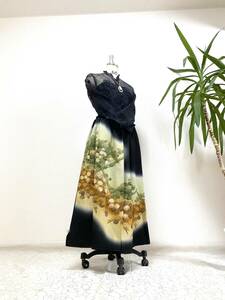  kurotomesode kimono remake waist rubber long skirt free shipping free size 1 point thing kurotomesode kimono remake long skirt hand made NO.1439