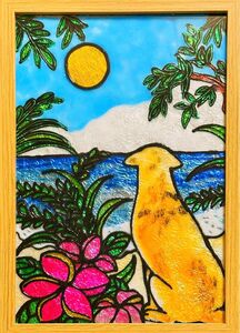 ステンドグラスガラス絵の具開運絵画ハンドメイドアート赤富士山沖縄イラスト犬猫龍神