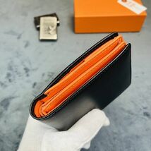 【浅草革具】イタリアンレザー メンズ　財布 長財布　二つ折り財布 牛革 ヌメ革 1円 ハンドメイド コインケース カード入れ 黒×オレンジ_画像5