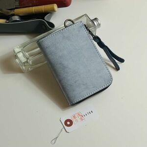 【浅草革具】フルグレインブライドルレザー メンズ 財布 長財布 コンパクト財布 牛革 ヌメ革 一円 ハンドメイド コインケース 青