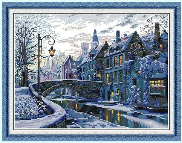クロスステッチキット 冬の夕べ 雪の街 14CT 54×43cm 刺繍