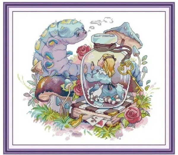 クロスステッチキット Rabbit time hourglass アリス キャタピラとボトル あおいもむし 14CT 44×40cm 図案印刷あり 刺繍