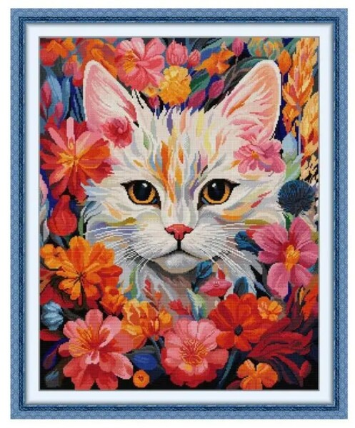 【送料無料・匿名配送】クロスステッチキット 白猫と花 cat in the flowers 14CT 51×63cm 刺繍