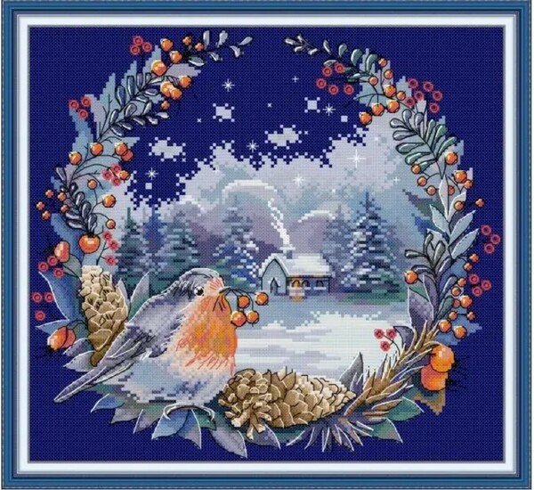 クロスステッチキット Bullfinch winter ウソの冬 小鳥 リース 14CT 35×33cm 刺繍 作成キット