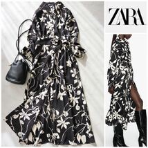 ZARA ザラ 大人素敵 フラワープリント ロングワンピース モノトーン 羽織りにも ボタニカル 花柄 春 新品未使用タグ付き XSサイズ_画像1