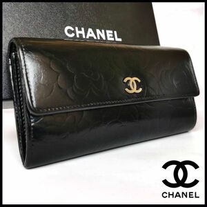 ■超美品■ CHANEL シャネル ラムスキン カメリア フラップ ウォレット 長財布 花柄 ブラック レザー 本革 s15406397 C006