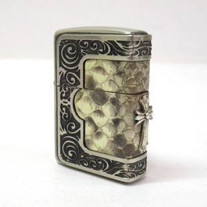 146U277★中古品 ZIPPO ジッポー フレームパイソン ヘビ革 クロス/十字架 2016年2月製造