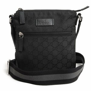 （中古）グッチ GUCCI メッセンジャー ショルダーバッグ 斜め掛け GGナイロン レザー ブラック 黒 シルバー金具 449183