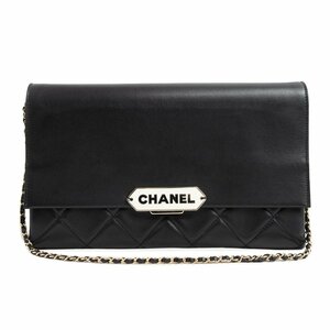 （中古）シャネル CHANEL ロゴプレート マトラッセ 2way チェーン ショルダーバッグ クラッチバッグ ラムスキン ブラック 黒 ゴールド金具