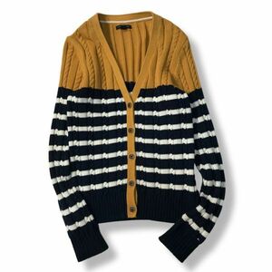 《良品◎》TOMMY HILFIGER トミーヒルフィガー★3D編み*ボーダーデザイン*コットンニットカーディガン*セーター*マスタード*M(LW1411)◆S80