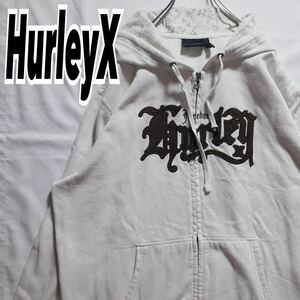 HurleyX ハーレーエックス メンズ ヴィンテージ 英字 デカロゴ ジップアップパーカー フーディー ホワイト XL 古着 #MA0370