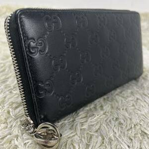 1円 極美品 GUCCI グッチ 長財布 ラウンドファスナー シマ GG 最高級 レザー ブラック 黒 インターロッキング 金具 メンズ レディース