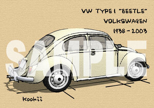 フォルクスワーゲン タイプ1 ビートル VOLKSWAGEN TYPE1 BEETLE オリジナル手描き風イラスト（旧車、VW、ワーゲンバス）TYPE1-B02
