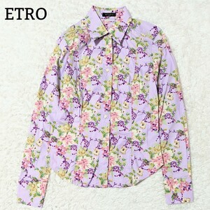 極美品■ETRO エトロ コットンシャツ 長袖 シャツ 花柄 総柄 ブランドロゴ パープル マルチカラー XS レディース イタリア製 トップス