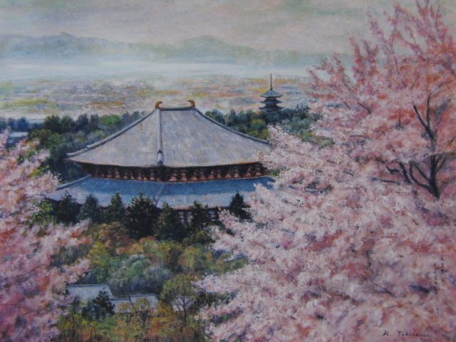 Takahashi Riyoko, [La ville de paix et de tranquillité est bleue], Provenant d'une rare collection d'art encadrant, Produits de beauté, Nouveau cadre inclus, intérieur, printemps, fleurs de cerisier, Peinture, Peinture à l'huile, Nature, Peinture de paysage