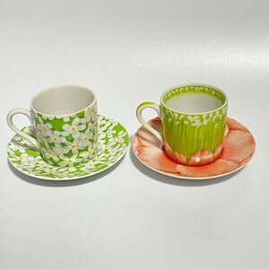 デミタス　TAITU ２客セット　カップ &ソーサー 花柄　グリーン　ピンク