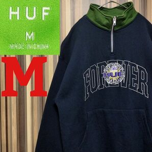 【HUF】ハフ 刺繍 センターロゴ デカロゴ ハーフジップ スウェット M