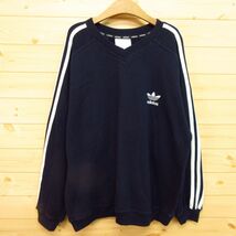 ◎80s！adidas アディダス 銀タグ◆トレーナー スウェット トレフォイルロゴ 三つ葉 裏起毛 ヴィンテージ◆メンズ 紺 Mサイズ◆A3800_画像1