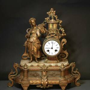フランス製 ◆ 真鍮製 大型 置時計 1900年頃 西洋 アンティーク 女性像 時計 ブラス 大理石 オブジェ 置物 雑貨 12-02