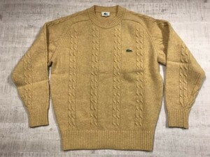 ラコステ LACOSTE オールド レトロ スポーツ ケーブル編み フリーダムスリーブ ニット セーター メンズ ウール100% ロゴ刺繍 4 黄色