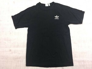 アディダス adidas トレフォイル 三つ葉 刺繍 スポーツ ストリート ショルダー3本ライン 半袖Tシャツ カットソー メンズ M 黒