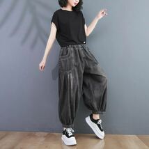 デニム ワイドレッグ ワイドパンツ ジーンズ サルエルパンツ ワイドデニム レディース 体型カバー サルエルデニム ボトムス 黒 ブラック_画像3