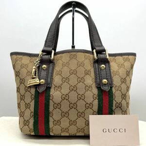 1650【美品】GUCCI グッチ ハンドバッグ ミニ 手提げ GG シェリーライン チャーム キャンバス レザー 本革 ベージュ ブラウン レディース