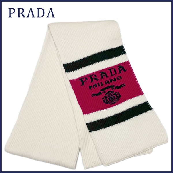 新品プラダ　カシミア100％　厚手　ニットマフラー　白　PRADA★