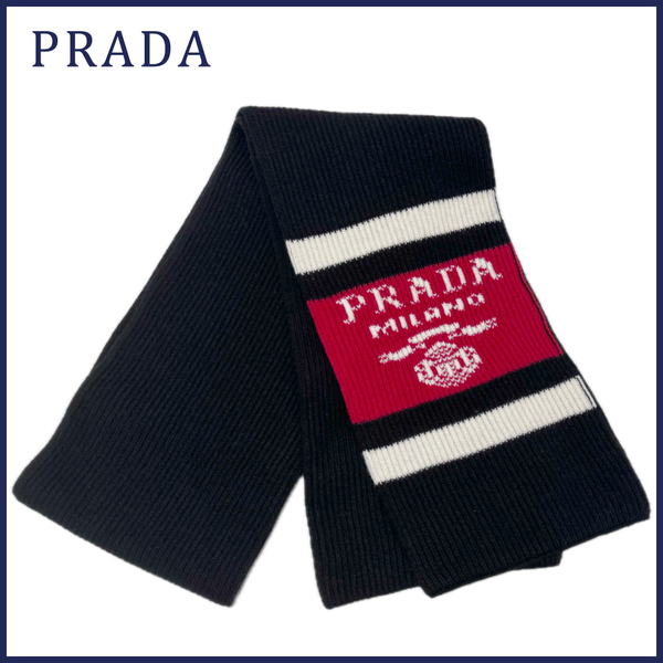 新品プラダ　カシミア100％　厚手　ニットマフラー　黒　PRADA★