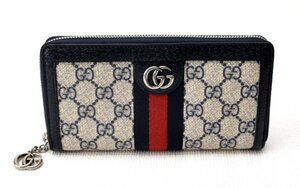 極美品 GUCCI グッチ 【GGマーモント オフィディア シェリーライン ラウンドファスナー 長財布 523154】ベージュ系×ネイビー系