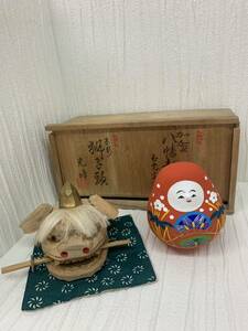 石川県　加賀　縁起物 置物 木彫　獅子頭　光峰造　八幡起上がり　玉光斎造　姫だるま　伝統工芸 民芸品 自宅保管品