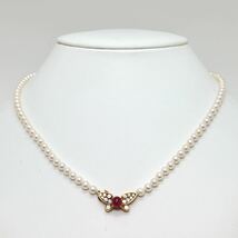 《K18 天然ダイヤモンド/ルビー付きアコヤ本真珠ベビーパールネックレス》F 4.0-4.5mm珠 14.1g 44.5cm pearl necklace jewelry EF0/EF0_画像2