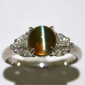 ソーティング付き!!《Pt900 天然ダイヤモンド/天然クリソベリルキャッツアイリング》M 約4.9g 14号 chrysoberyl ring 指輪 jewelry ED0/FA0